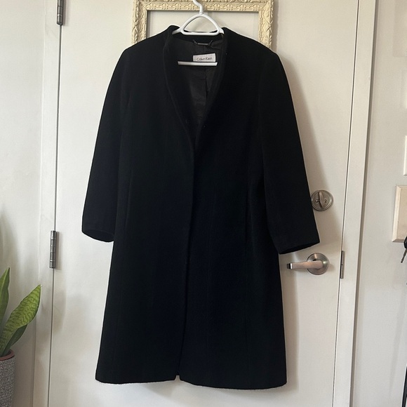 CALVIN KLEIN | Collarless High Neckline Elegant Black Women's Wool Coat - Picture 10 of 16